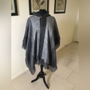 Grey and Black cardigan with a hoodie,top button.50% cotton 50% wool